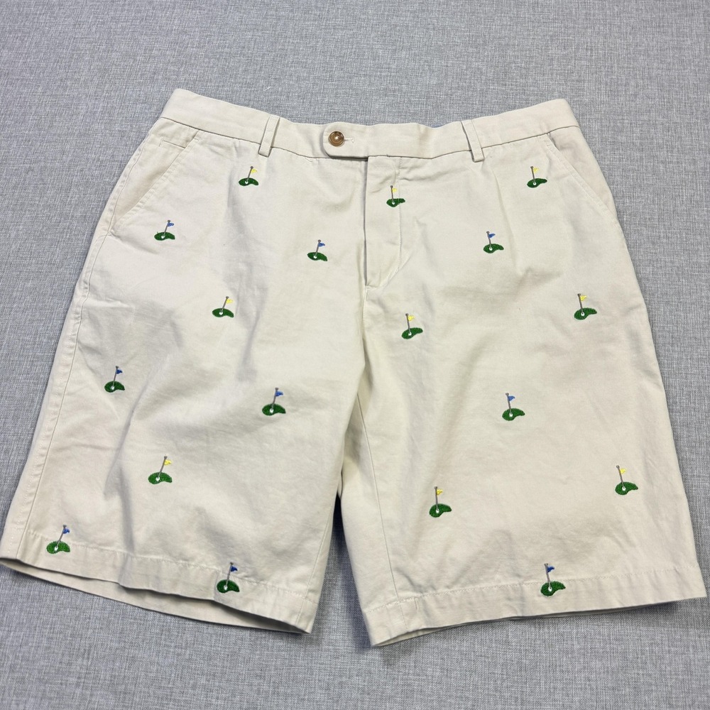 J. McLaughlin Embroidered Golf Pins Chino Shorts Mens 36 Beige Golf 9" Inseam